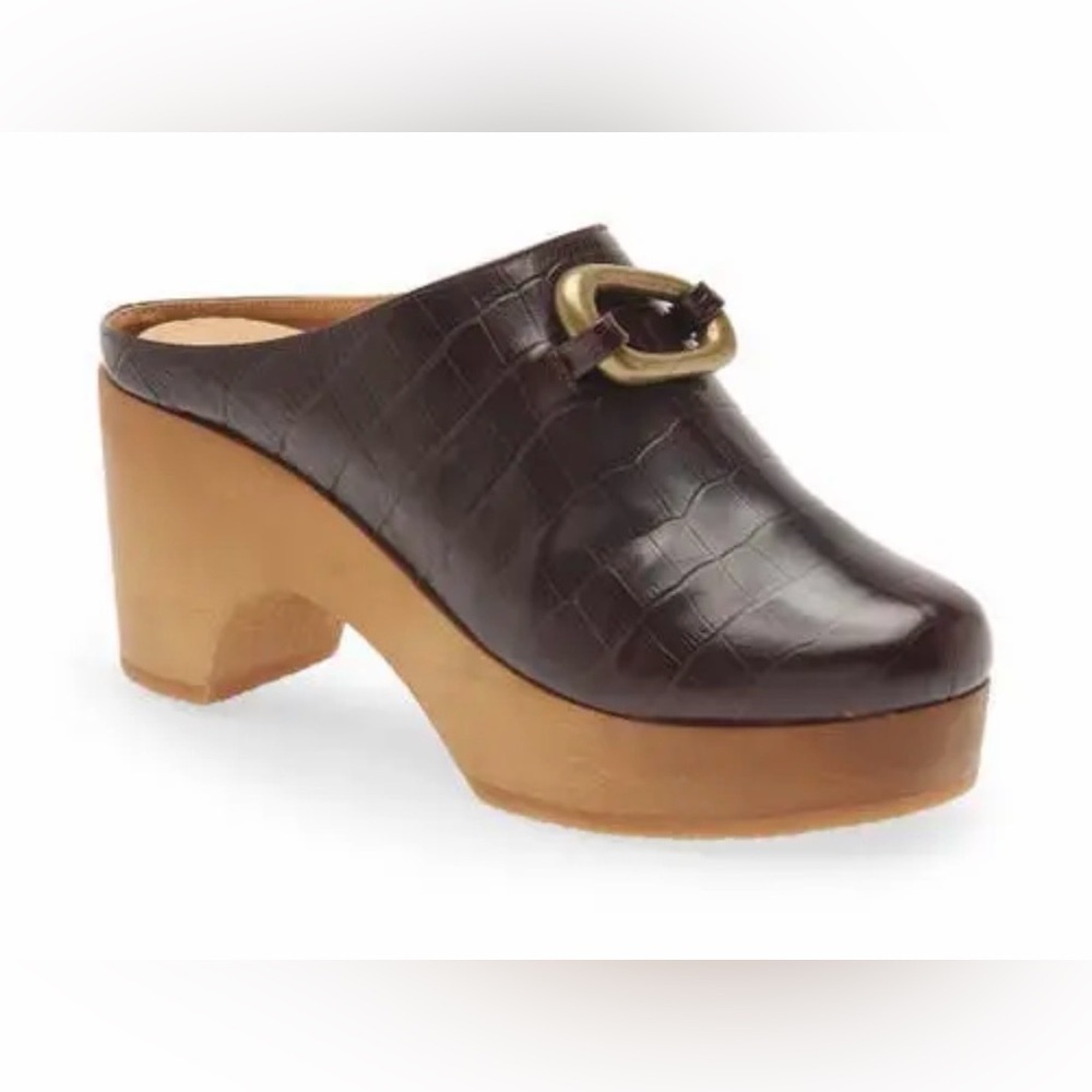 Frame Le Ione Crocodile Embossed Brown Leather Platform Clogs 39 (US 8.5)